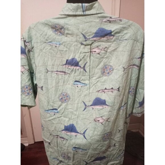 Columbia Mens Fish Graphic Print Green Button Down Short Sleeve Shirt Large L - Picture 8 of 12